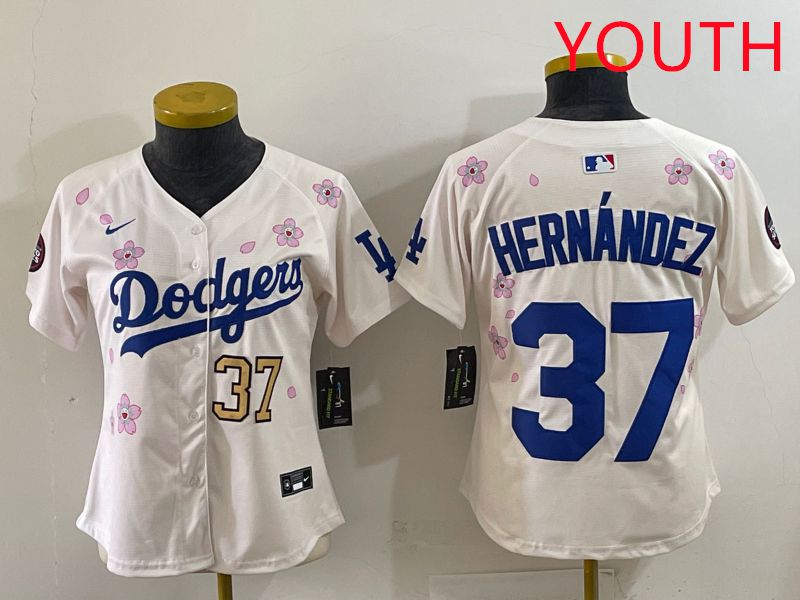Youth Los Angeles Dodgers #37 Hernandez Cream Sakura Edition 2025 Nike MLB Jersey style 34->youth mlb jersey->Youth Jersey